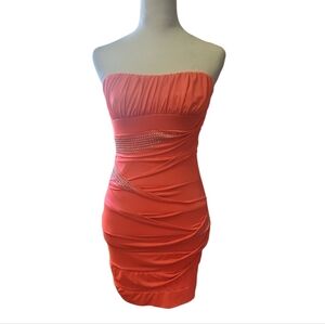 Y2K Vintage Deb Strapless Ruched NEON Orange Mini Dress Rhinestones S Party